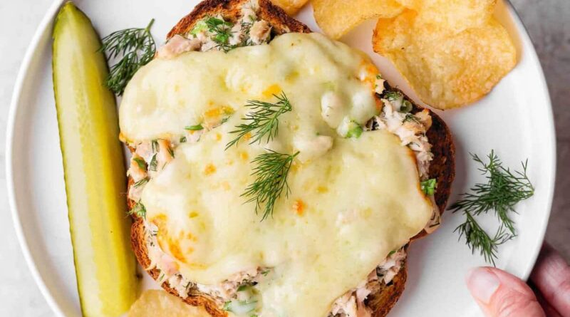 healthy tuna melt with cottage cheese served with chips and pickle