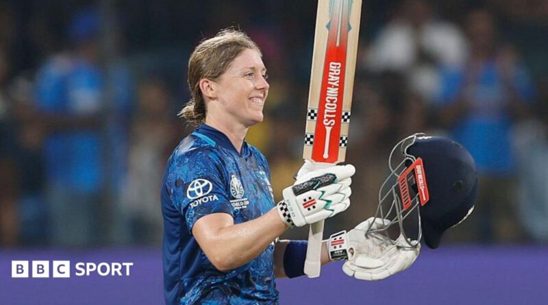 Heather Knight celebrates a century v India at the 2025 World Cup