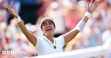 Filipina tennis player Alexandra Eala raises his arms after a Wimbledon match, net in front of her and a blurred image of the crowd in the background.