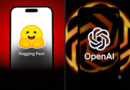 A split screen illustration featuring the logos of Hugging Face and OpenAI.