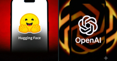 A split screen illustration featuring the logos of Hugging Face and OpenAI.