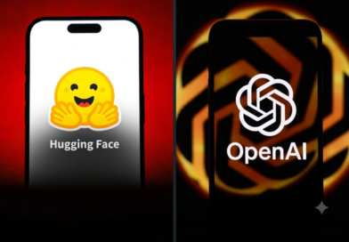 A split screen illustration featuring the logos of Hugging Face and OpenAI.
