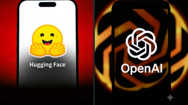 A split screen illustration featuring the logos of Hugging Face and OpenAI.