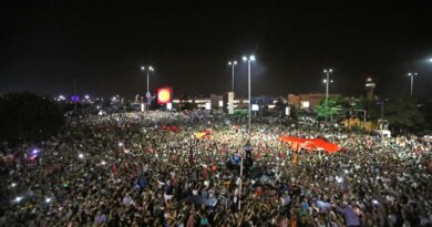 People demonstrate outside Ataturk international airport during an attempted coup in Istanbul
