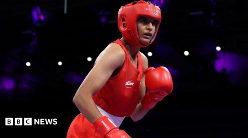Jaismine of Team India looks on during the Women's 57kg preliminary round match between Jaismine of Team India and Nesthy Petecio of Team Philippines on day four of the Olympic Games Paris 2024 at North Paris Arena on July 30, 2024 in Paris, France. (Photo by Richard Pelham/Getty Images)