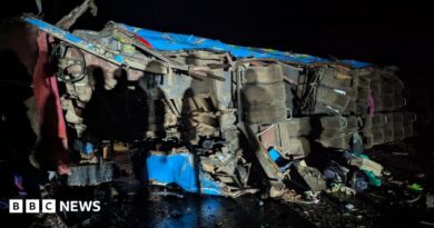 A wreckage of a bus from an accident