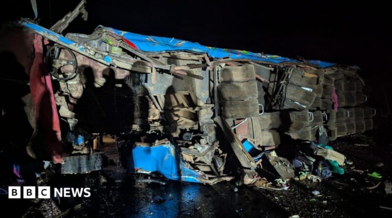 A wreckage of a bus from an accident