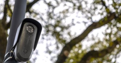 A Flock surveillance camera in Houston, Texas, US, on Wednesday, Feb. 4, 2026. Flock counts more than 6,000 customers that are using its license plate readers, camera-equipped drones, gunshot detection devices and software, with customers in every state except Alaska. Photographer: Antranik Tavitian/Bloomberg via Getty Images