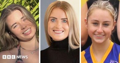 A composite image of three photos of the three blonde women, all smiling of the camera