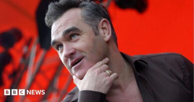 Head and shoulders of Morrissey on stage with his right hand thumb and index finger cupping his chin. He is wearing a gold signet ring, a black shirt and the background is lit red with scafolding