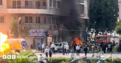 A wide shot of a street with lots of emergency workers. Flames and smoke rise from an alleged explosion site