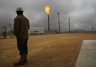 Flared natural gas is burned off at Apache Corporations operations at the Deadwood natural gas plant in the Permian Basin.