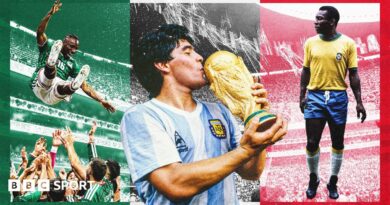 A composition image featuring Mexico's 2026 Fifa World Cup squad, Diego Maradona, and Pele in front of a backdrop of Estadio Azteca, templated with the colours of the Mexican flag