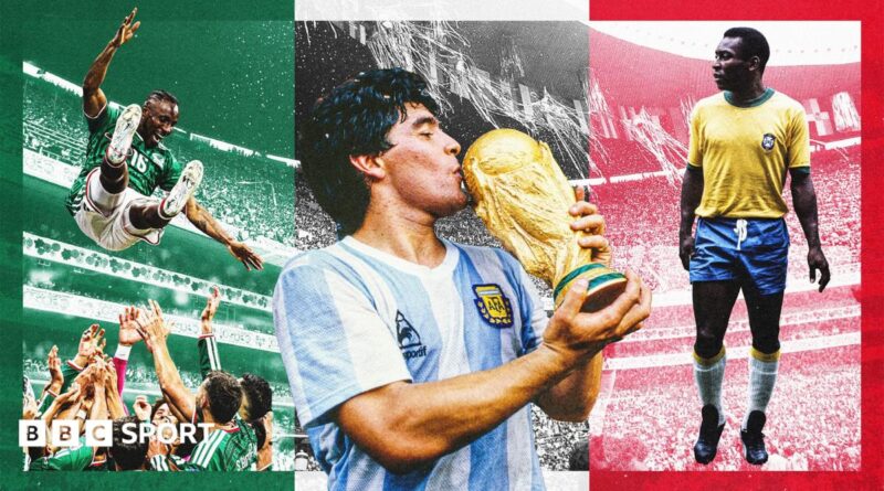 A composition image featuring Mexico's 2026 Fifa World Cup squad, Diego Maradona, and Pele in front of a backdrop of Estadio Azteca, templated with the colours of the Mexican flag