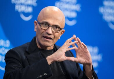 Microsoft CEO Satya Nadella gestures during a session at the World Economic Forum (WEF) annual meeting in Davos, on January 16, 2024.