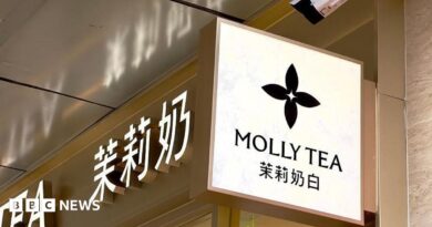 A view of Molly Tea's four-petal flower logo on a sign hanging on the sign of one of the brand's shops.