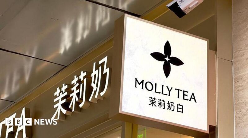 A view of Molly Tea's four-petal flower logo on a sign hanging on the sign of one of the brand's shops.