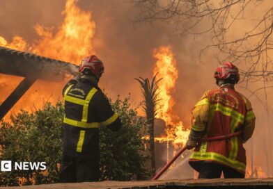 A firefighting crew deployed to battle a wildfire spreading in Lege-Cap-Ferret, south western France, late 24 July 2026.