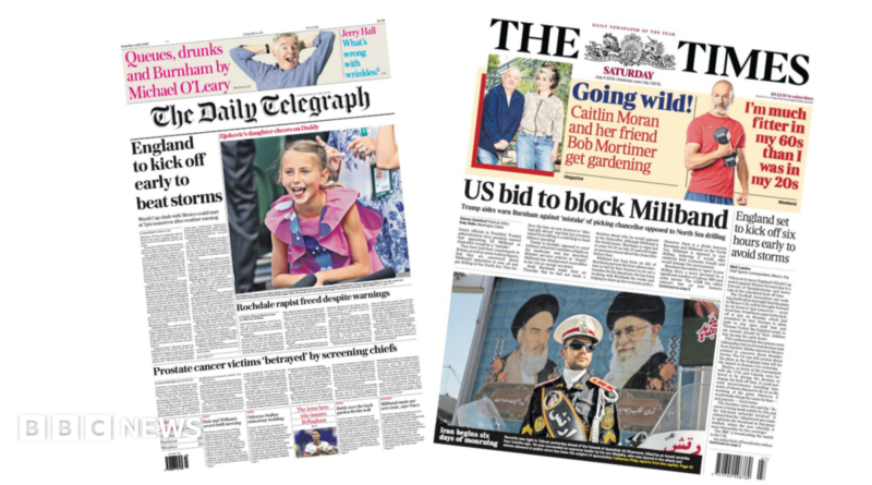 The headline on the front page of the Sun reads: “Replanned of god”.