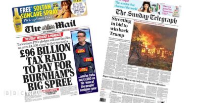 The headline on the front page of the Mail on Sunday reads: "£96 billion tax raid to pay for Burnham's big spree."