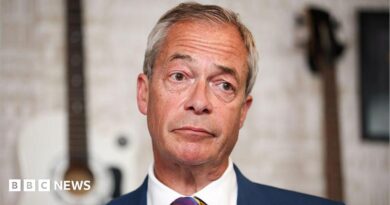 Nigel Farage in a close-up, wearing a blue suit, white shirt and stripe tie.