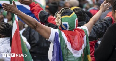 Protesters draped in South African flags in a rally against undocumented immigrants during a nationwide anti-immigration shutdown in Cape Town, South Africa, 30 June 2026.