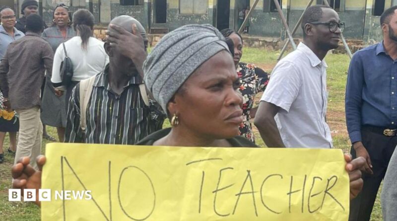 A woman holds up a banner at a protest at a school.