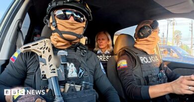 Two Ecuadoran police officers in dark sunglasses, helmets and balaclavas - which entirely obscure their faces - sit in a car in front of the BBC's Orla Guerin, wearing a flak jacket with the word "PRESS" on it.