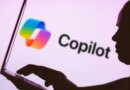 In this photo illustration, the Microsoft Copilot logo is seen in the background next to a silhouette of a person using a notebook.