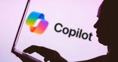 In this photo illustration, the Microsoft Copilot logo is seen in the background next to a silhouette of a person using a notebook.