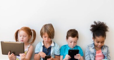 Image of four children using tablets and smartphones.