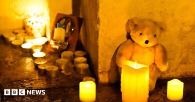 A white teddy bear sits against a cream wall with three candles in front of it. There are a collection of about a dozen tealights to the right of the teddy.