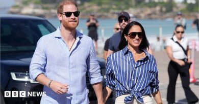 Prince Harry, Duke of Sussex, and his wife Meghan, the Duchess of Sussex walking hand in hand, wearing blue shirts and sunglasses.