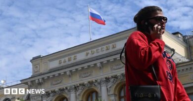 A woman wearing a red jumper and sunglasses, as well as a little bag on her right shoulder, talks on the phone in front of an exterior view of the Central Bank of the Russian Federation building on top of which the Russian flag can be seen