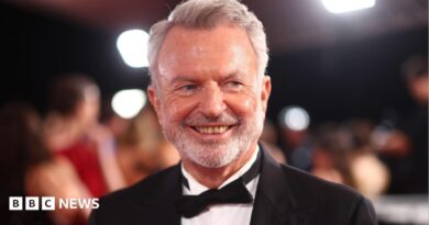 Graham Norton has white hair, a moustache and beard. He is wearing a dark-colour T-shirt and sits behind a microphone with a green muffler.