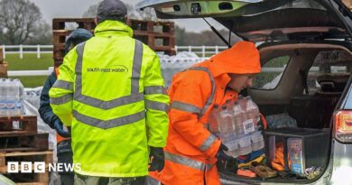 A man in a yellow hi-vis jacket with the word South East Water on the back. Another man, in an orange hi-vis jacket, is carrying a slab of water out of a car.
