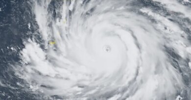 This satellite image handout from the Cooperative Institute for Research in the Atmosphere (CIRA) in partnership with the Regional and Mesoscale Meteorology Branch (RAMMB/NOAA) and the Colorado State University (CSU) taken on July 5, 2026 at 01:20 UTC shows the super typhoon Bavi as it develops and nears Guam and the Northern Mariana islands in the western Pacific Ocean.