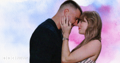 Travis Kelce and Taylor Swift embrace each other in a designed image with a blue and pink background.