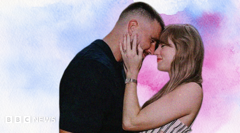 Travis Kelce and Taylor Swift embrace each other in a designed image with a blue and pink background.