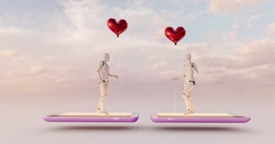 two humanoid robots holding heart-shaped balloons