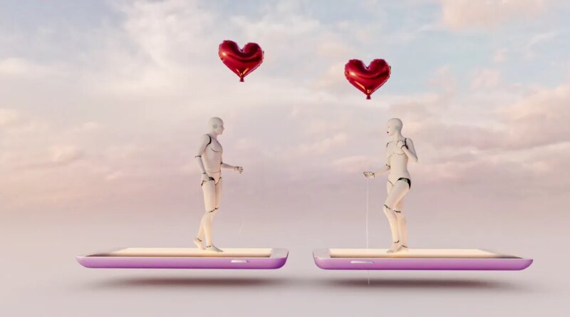 two humanoid robots holding heart-shaped balloons