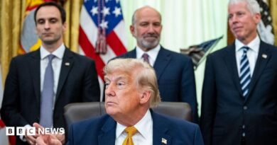 Michael Kratsios, director of the White House Office of Science and Technology Policy, from left, US President Donald Trump, Howard Lutnick, US commerce secretary, and Chris Wright, US energy secretary, during an executive order signing in the Oval Office of the White House in Washington, DC, US, on Monday, June 22, 2026.