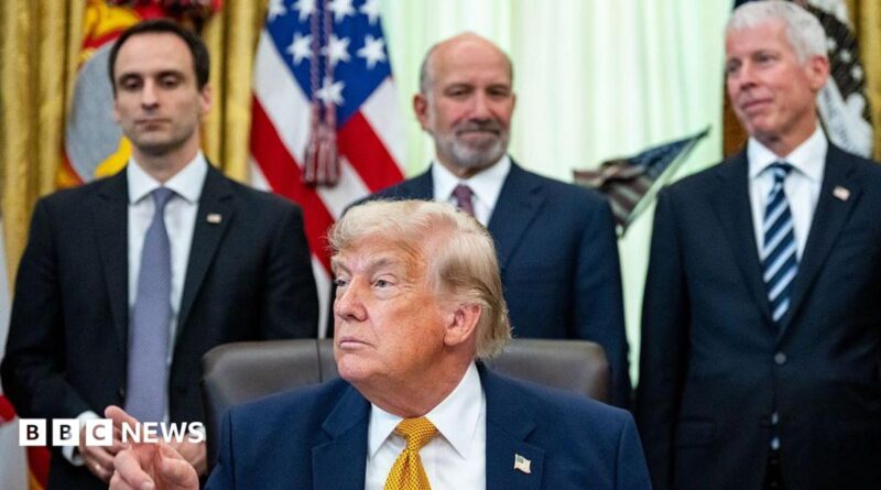 Michael Kratsios, director of the White House Office of Science and Technology Policy, from left, US President Donald Trump, Howard Lutnick, US commerce secretary, and Chris Wright, US energy secretary, during an executive order signing in the Oval Office of the White House in Washington, DC, US, on Monday, June 22, 2026.