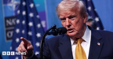 US President Donald Trump wearing a yellow tie, white shirt, blue suit and American flag pin. He stands at a microphone and is pointing, his mouth open.