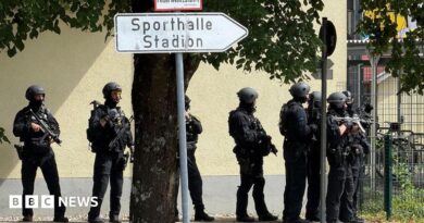 Police officers stand with guns outside a school in Germany.