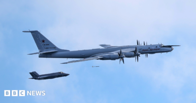 Handout photo issued by Ministry of Defence of a F-35B fighter launched from HMS Prince of Wales intercepting a Russian Tupolev Tu-142 maritime reconnaissance and anti-submarine warfare (ASW) aircraft.