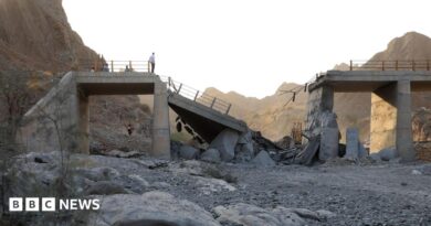 A damaged bridge with people standing on the remaining structure with mountains in the background, and rubble and rocks in the foreground.