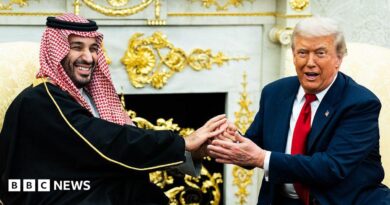 A file image of Saudi Crown Prince Mohammed bin Salman holding an extended handshake in the White House Oval Office with US President Donald Trump