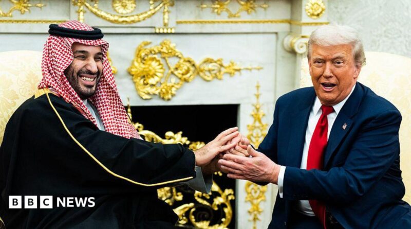A file image of Saudi Crown Prince Mohammed bin Salman holding an extended handshake in the White House Oval Office with US President Donald Trump