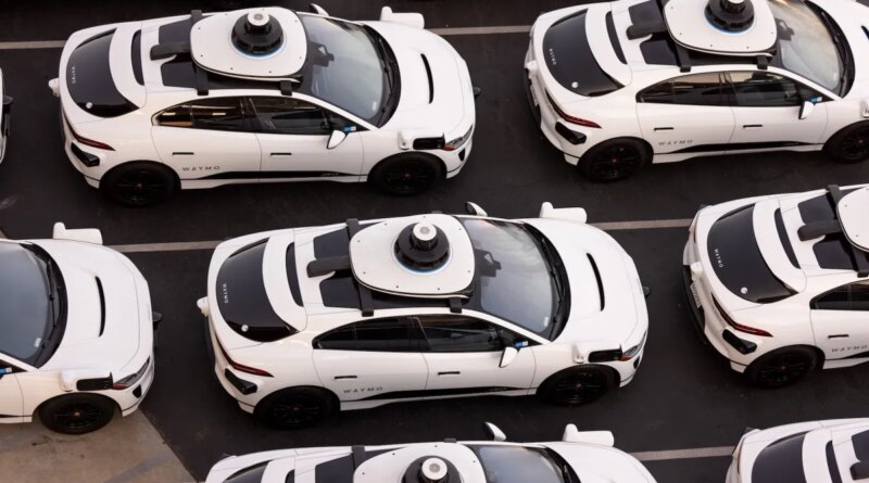 Aerial view of Waymo's self-driving car fleet storage facility in San Francisco.